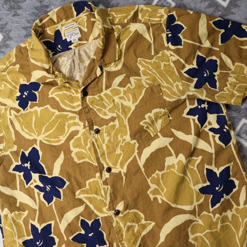 J. Crew Mens XL Hemp Cotton Floral Short Sleeve Button Down Shirt Mustard Navy
